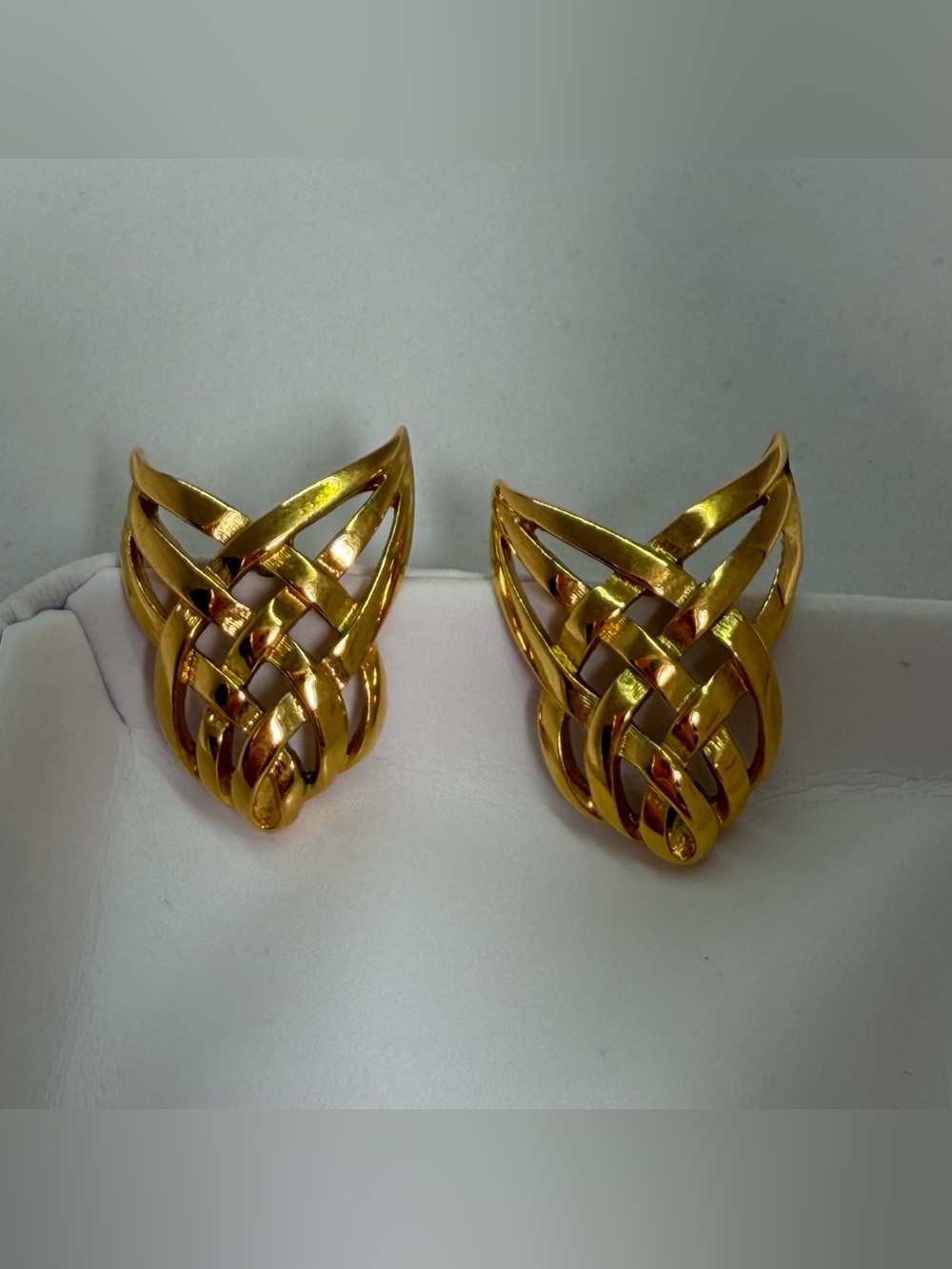 Vintage JS Signed Gold Tone Woven Openwork Statement Pierced Earrings